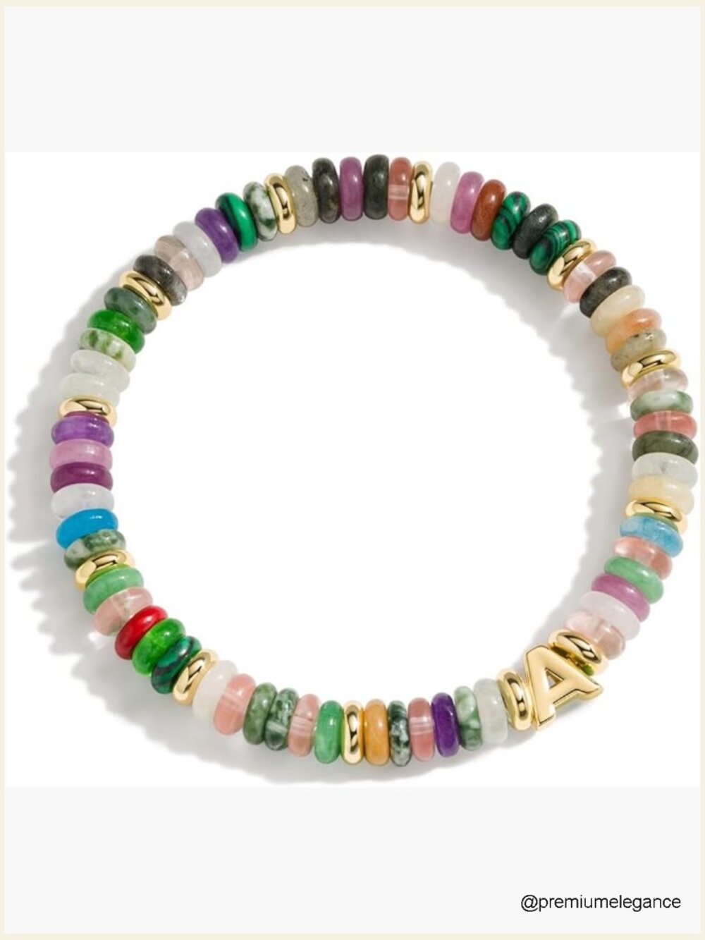 Initial Stretch Bracelet Beaded Gemstone 14K Gold Letter Charm Jewelry 6.5-7